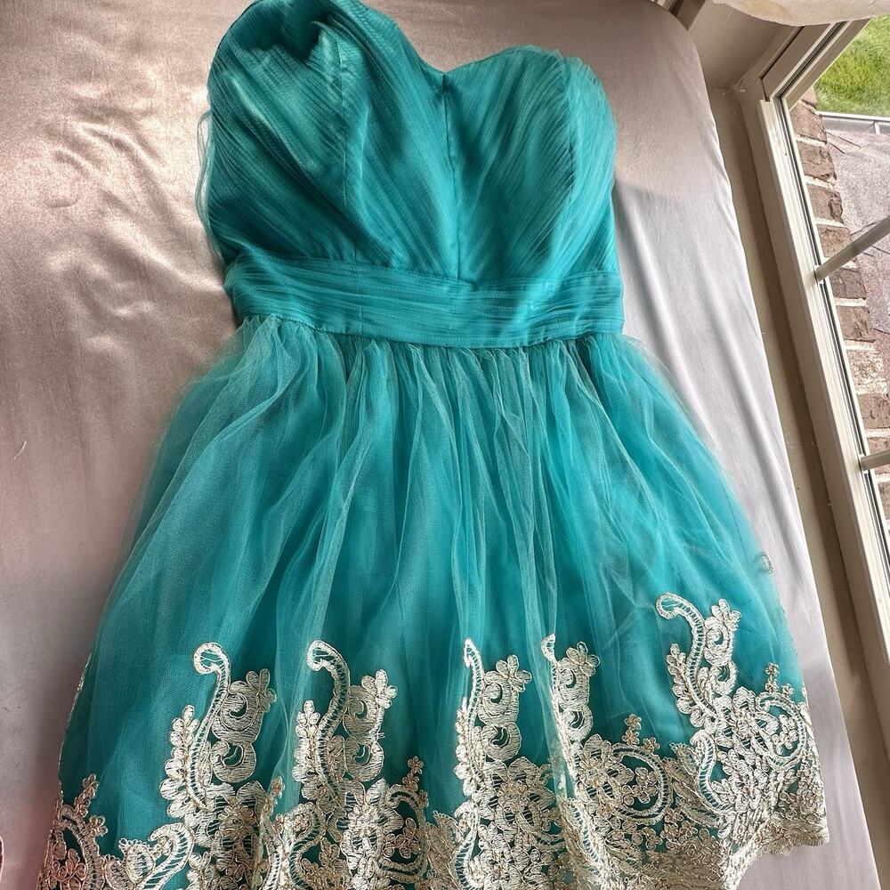 A Drea Tulle Homecoming Prom Cocktail Aqua Size L Gold Lace Appliqué